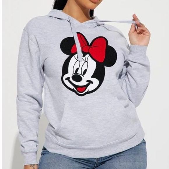 Disney Tops - Disney‎ Hoodie Minnie Mouse Pullover Sweatshirt Crochet Patch Face Graphic Small